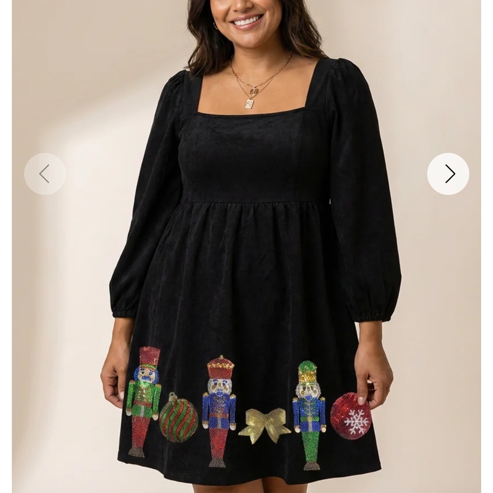 Black Faux Suede Nutcracker Sequin Holiday Dress